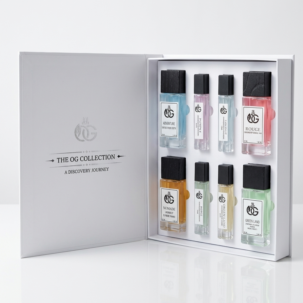 The OG Collection presentation box, open, showing eight perfume bottles